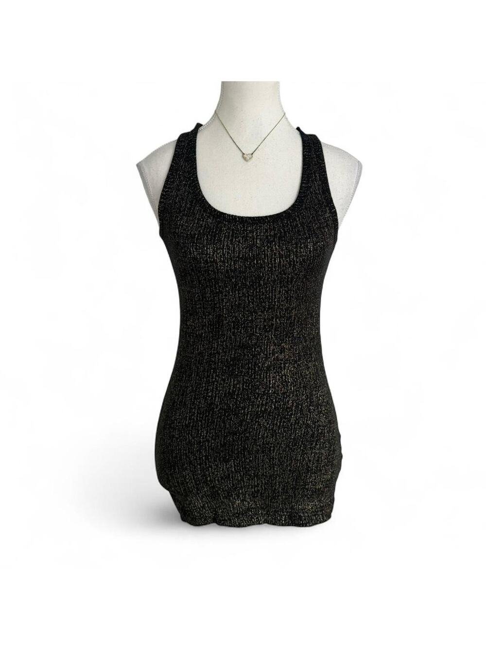 Y2K Black + Gold Shimmer Metallic Full Length Super Fitted Tank Top Size Large